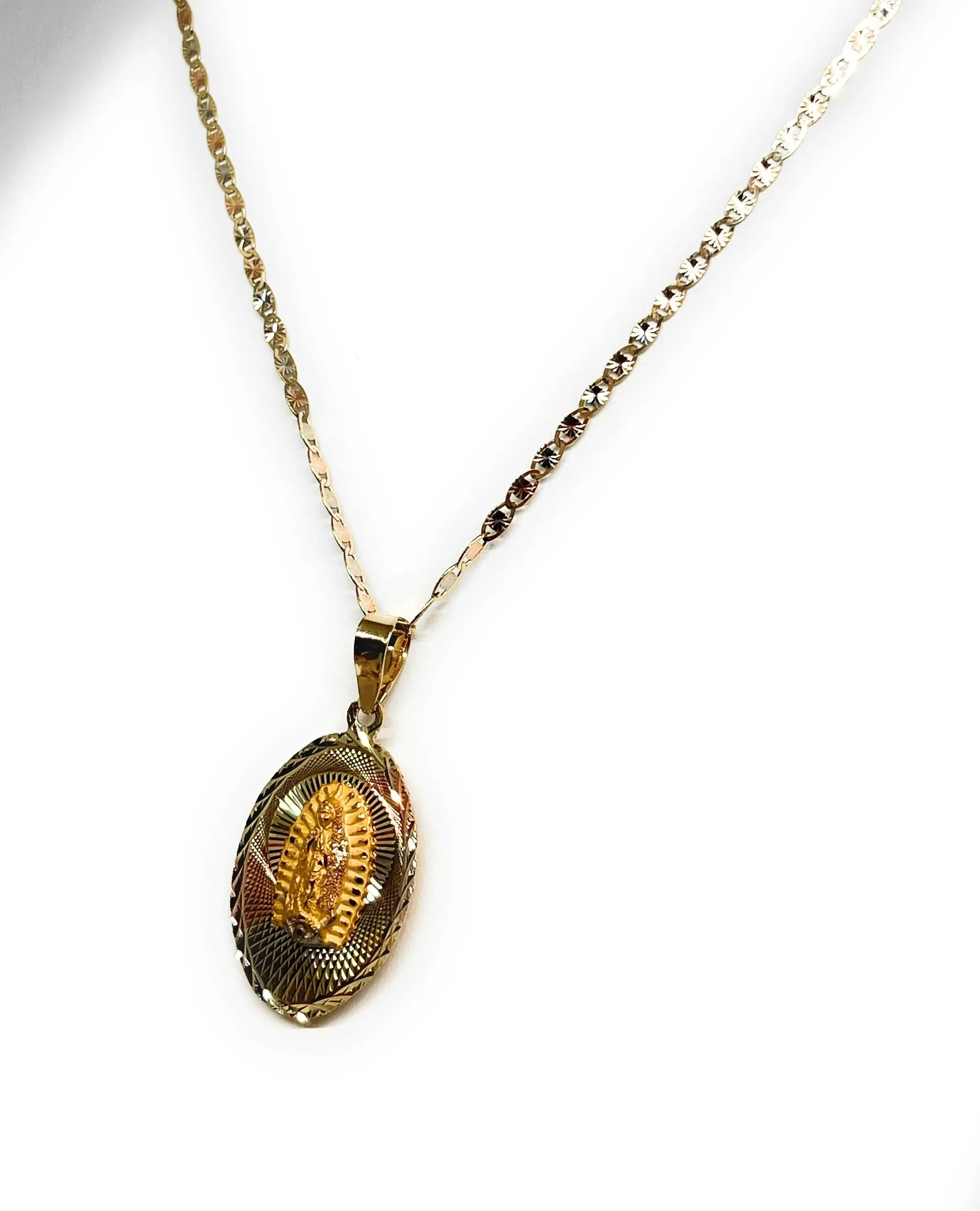 10k Solid Gold Tri-Color Jesus Sagrado Corazon & Virrgin Mary Double Sided Pendant Necklace (MADE IN MX)