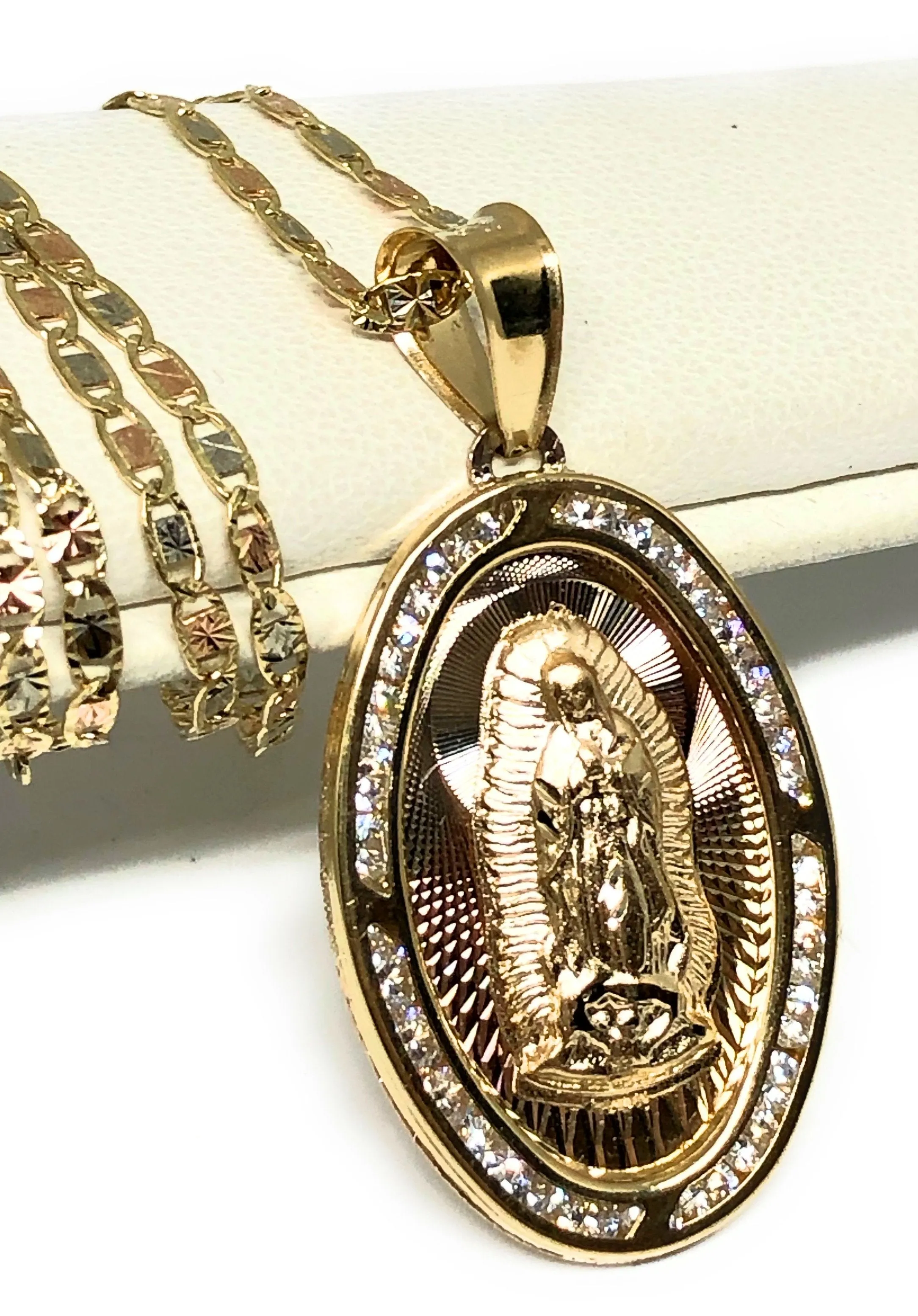 10k Solid Gold Tri-Color Virrgin Mary Oval Pendant Necklace W/ Cubic Zirconia Virrgen Gaudalupe Valentina Chain