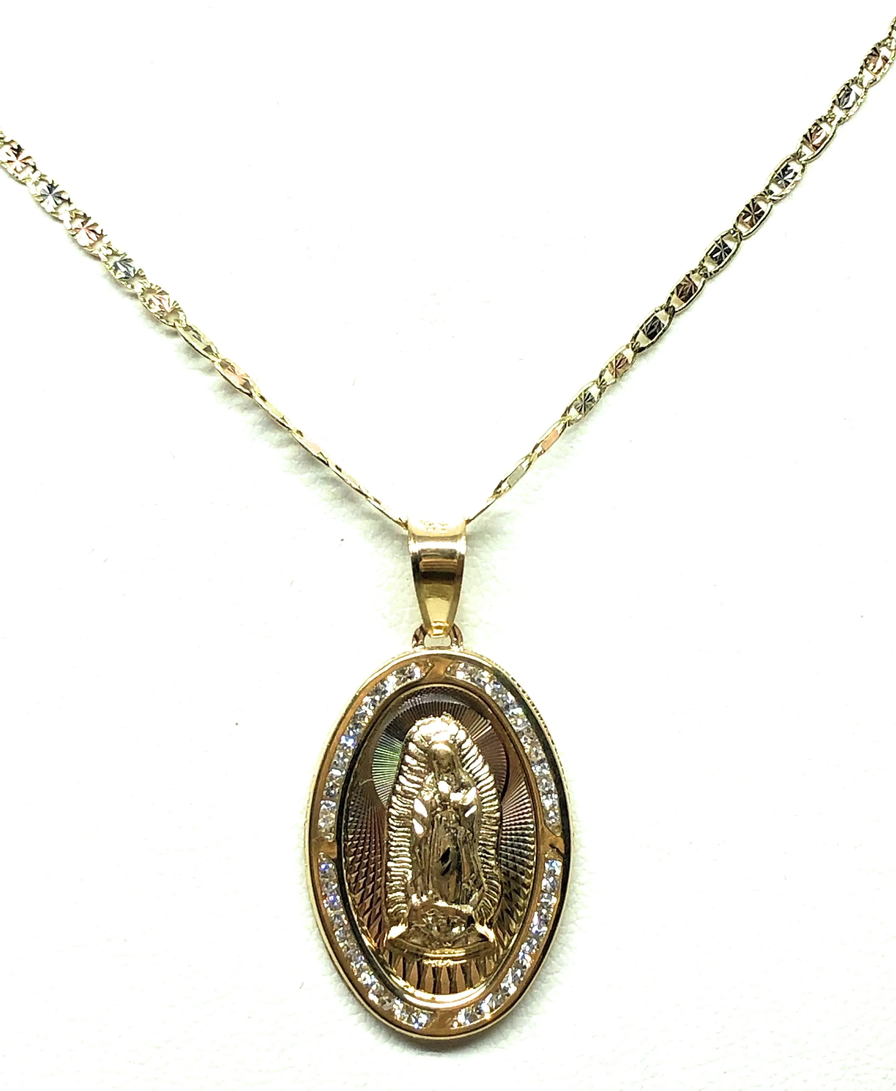 10k Solid Gold Tri-Color Virrgin Mary Oval Pendant Necklace W/ Cubic Zirconia Virrgen Gaudalupe Valentina Chain