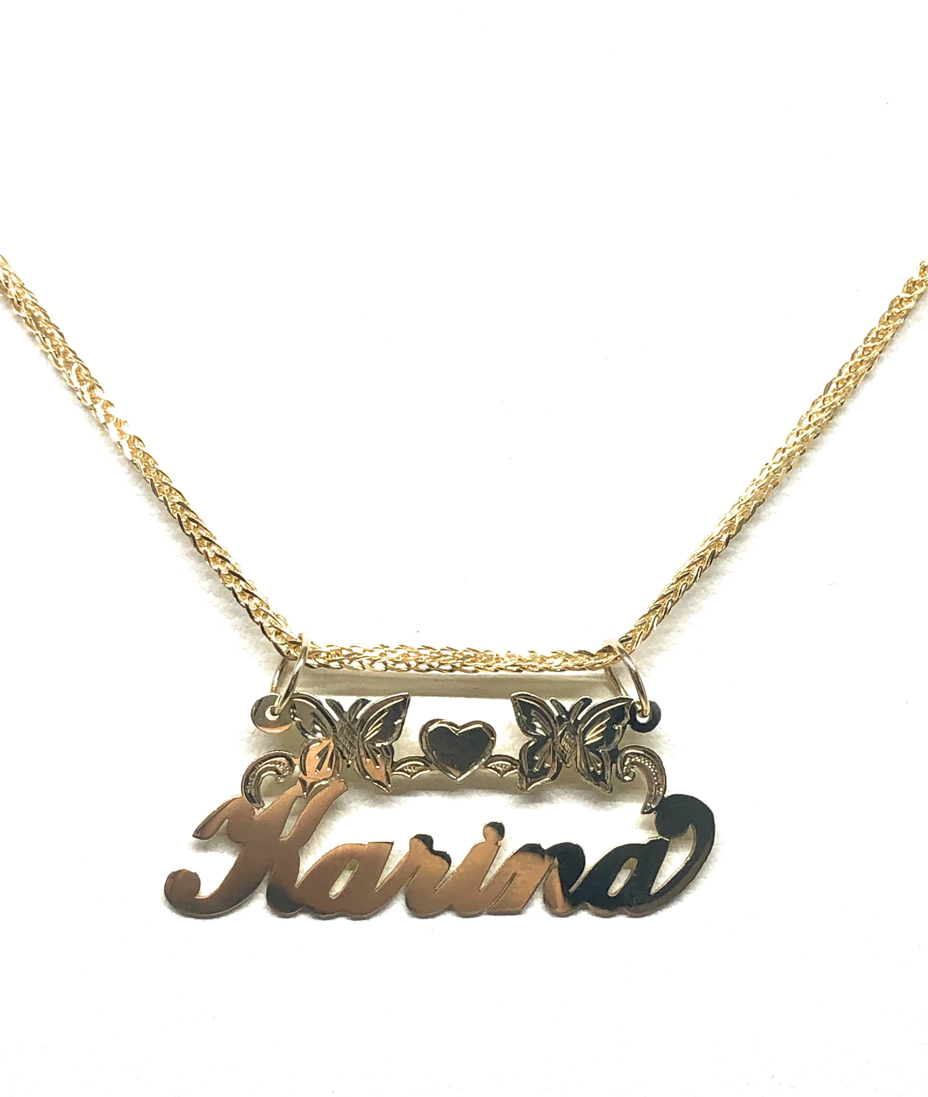 10k Solid Gold Yellow Cursive Butterflies & Heart Custom Nameplate Pendant Necklace with Chain Options