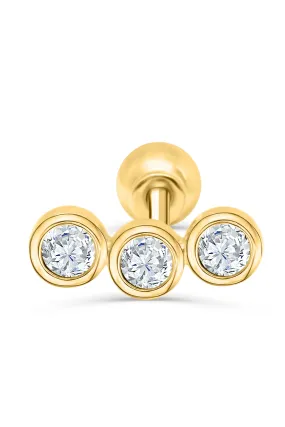 14k Gold Triple Round Cz Curved Bar Barbell Ear Stud Piercing