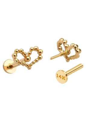 14K Real Gold Dotted Heart Forward Helix Cartilage Tragus Inner Conch Ear Stud Post Internally Threaded Earring Labret