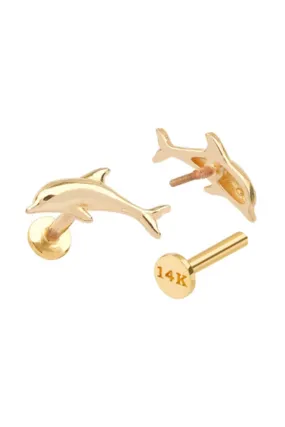 14K Real Gold Fish Dolphin Whale Forward Helix Cartilage Tragus Inner Conch Ear Stud Post Internally Threaded Earring Labret
