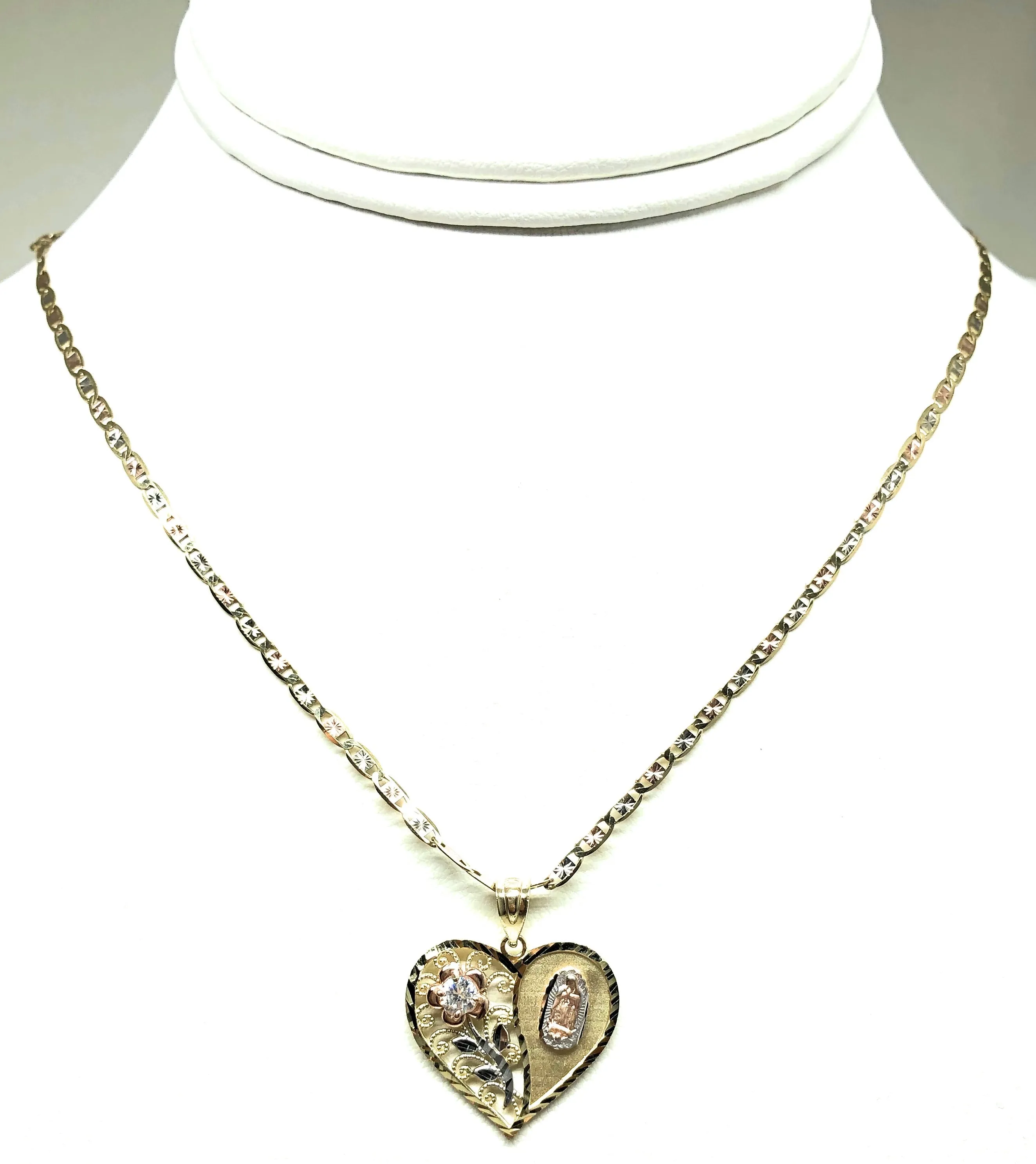 14k Solid Gold Tri-Color Virrgin Mary Heart & Flower CZ Pendant Necklace Virrgen Gaudalupe Valentina Chain