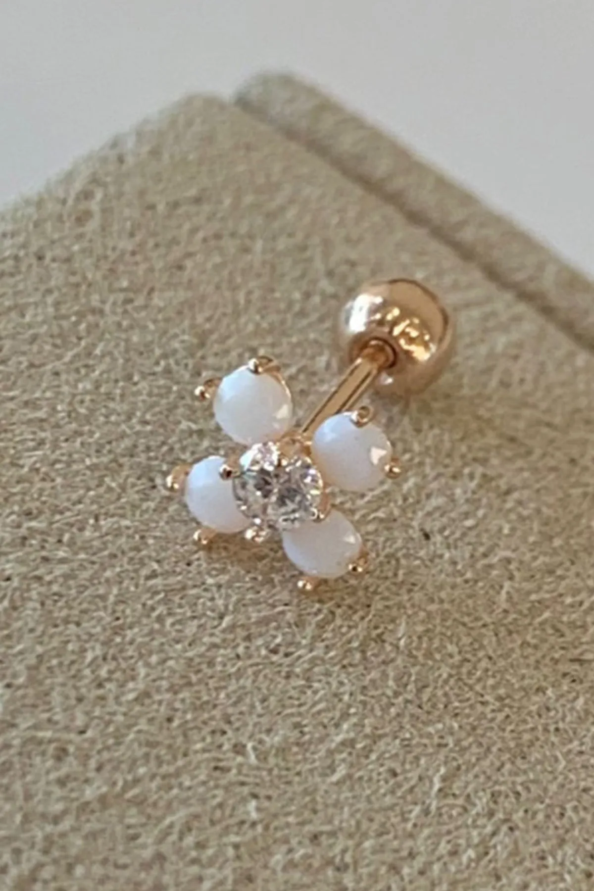 14K Solid Gold White Opal Flower Tragus Cartilage Helix Conch Earring Barbell Piercing Stud