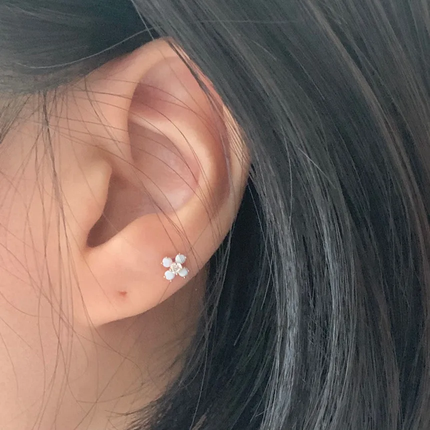 14K Solid Gold White Opal Flower Tragus Cartilage Helix Conch Earring Barbell Piercing Stud