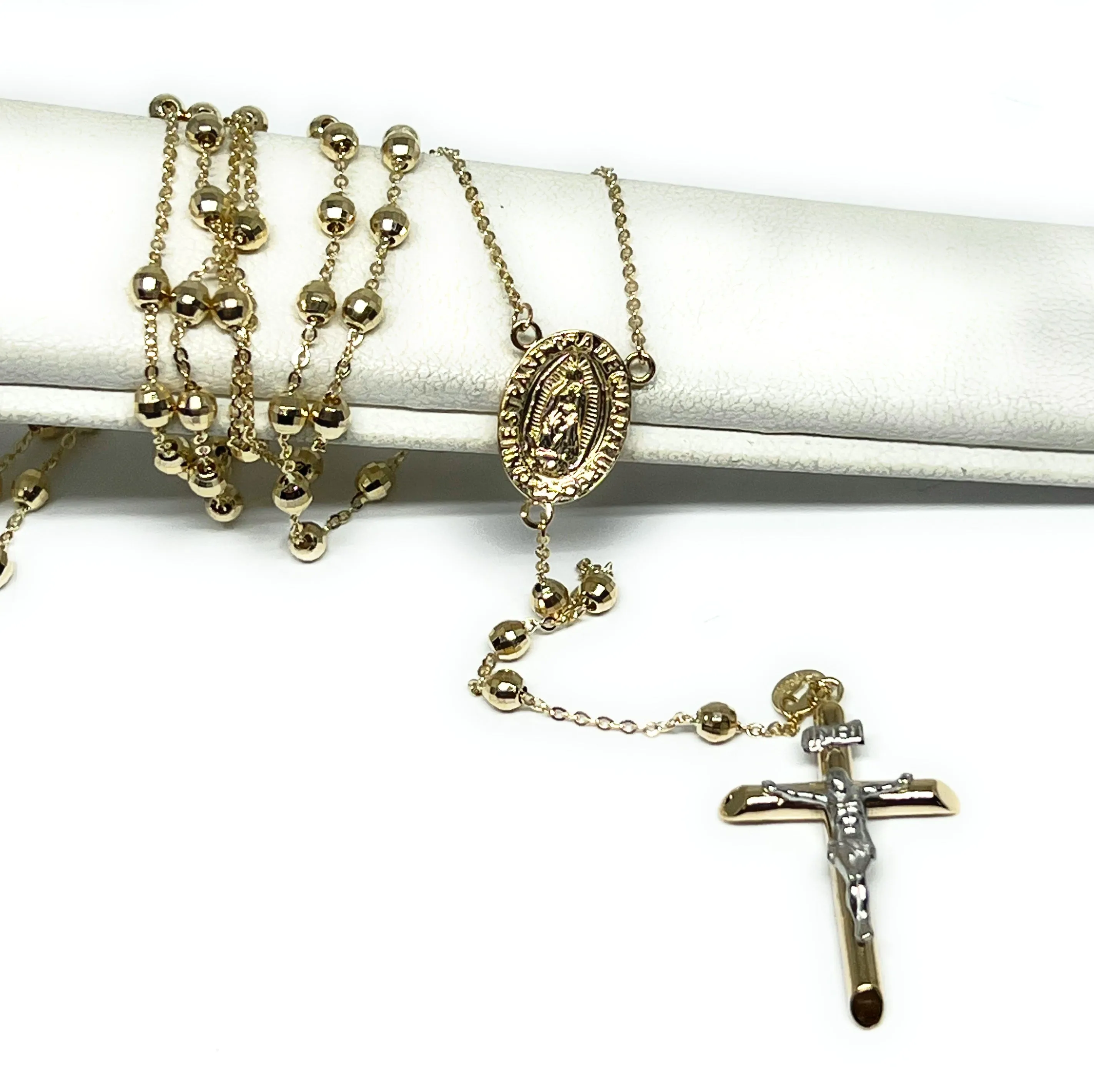 14k Solid Gold Yellow Virrgin Mary Rosarry Rosarrio 26 inch Necklace 3mm (FC)