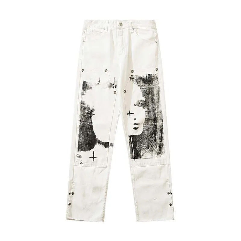 'Alchemist' Print White Denim Jeans