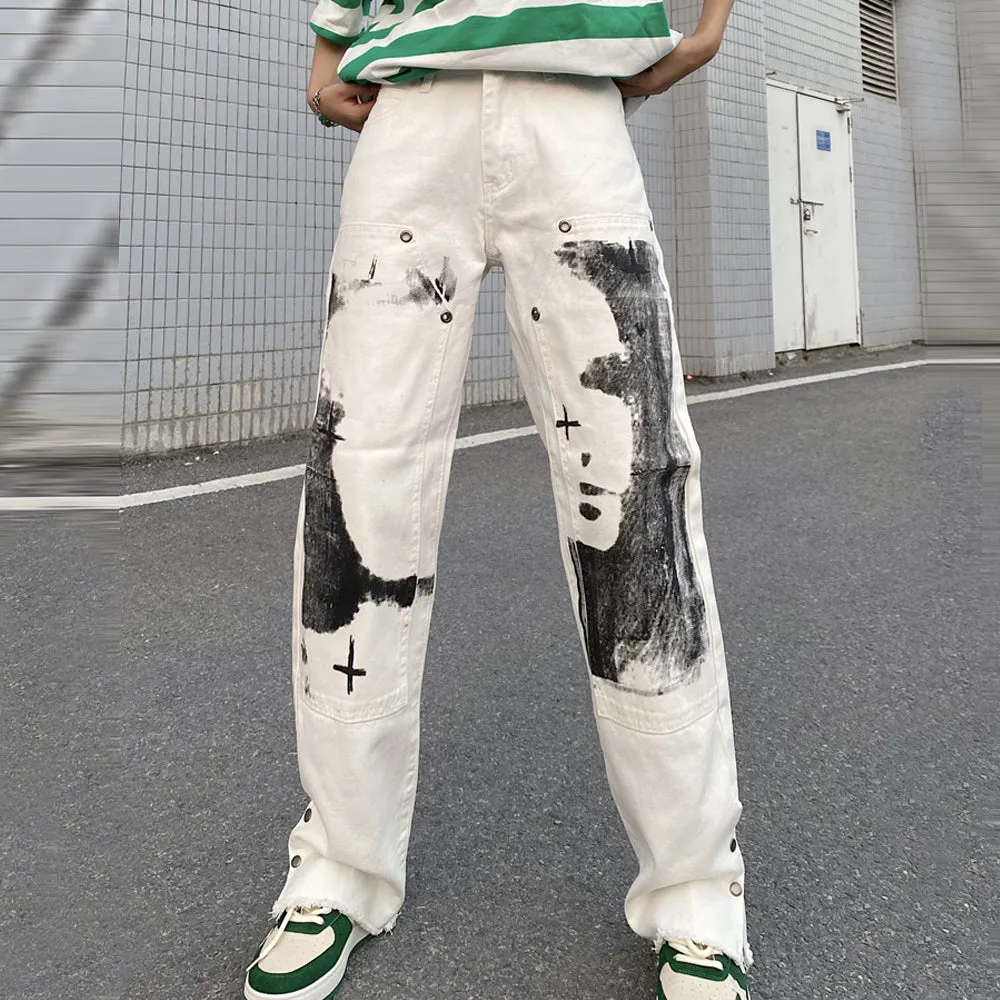 'Alchemist' Print White Denim Jeans