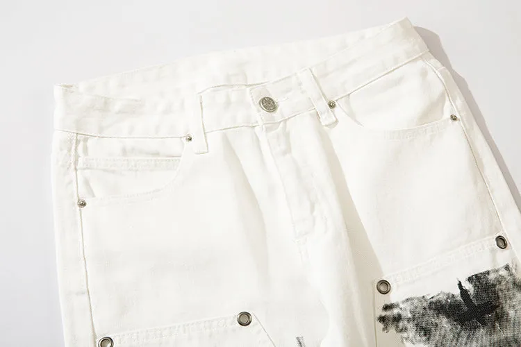 'Alchemist' Print White Denim Jeans