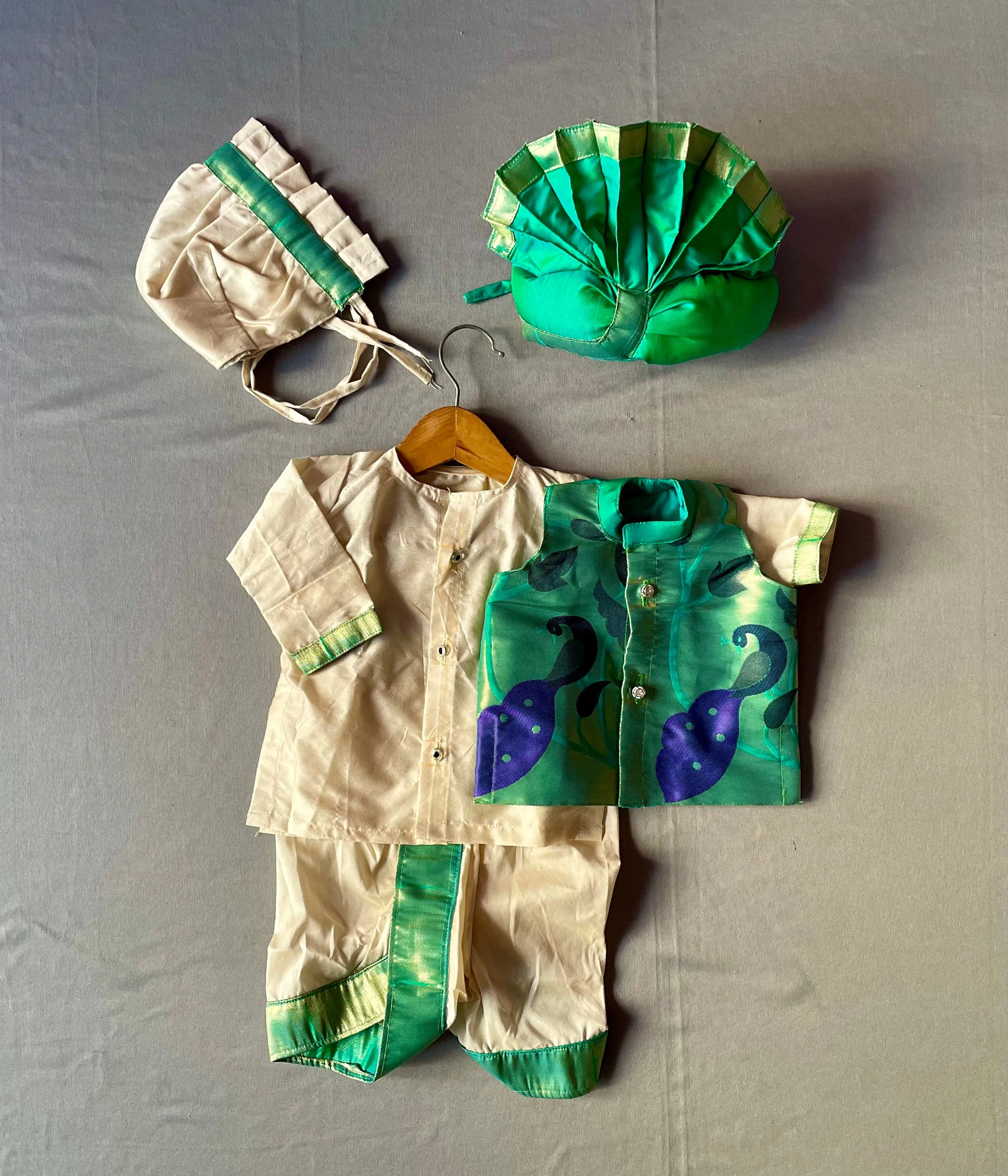 Baby boy set- rich cotton silk dhoti kurta with premium cream paithani jacket set with pheta topra and booties