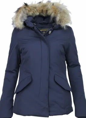 Beluomo Fur Collar Coat - Women's Winter Coat Wooly Short - Blue