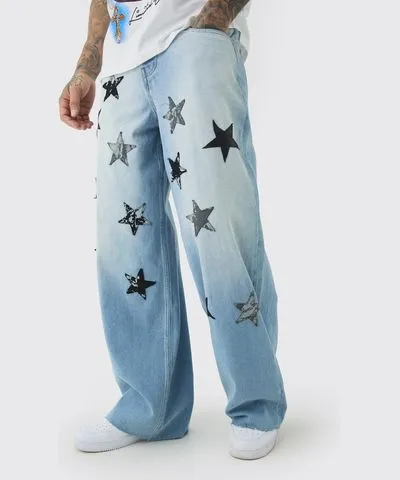 boohoo Mens Tall Star Applique Baggy Fit Jeans