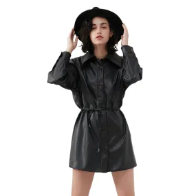 Casual Pu Leather Long Jacket For Women / Stylish Female Outerwear