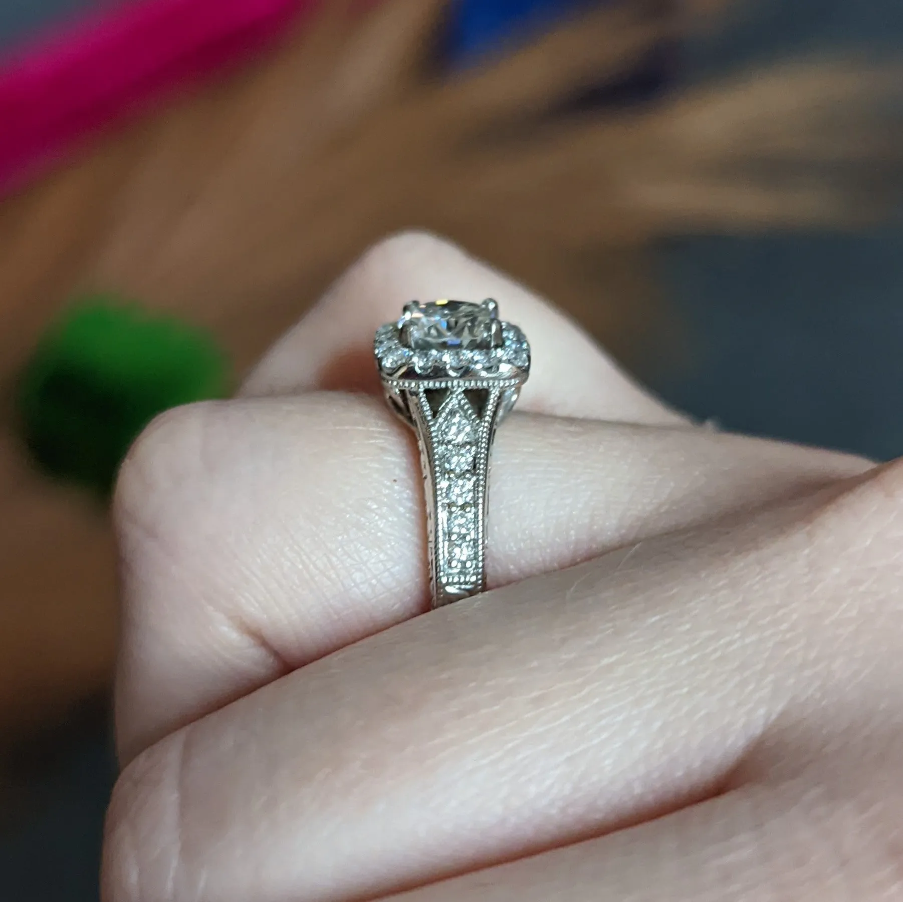 Contemporary 1.57 CTW Diamond 14 Karat White Gold Square Halo Engagement Ring GIA