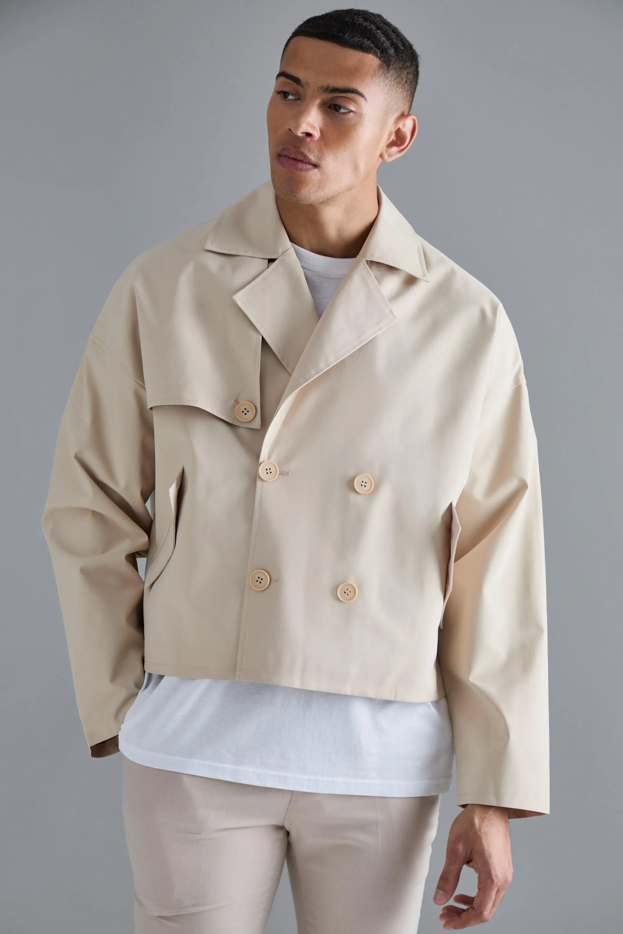 Cropped Double Breasted Trench Coat | boohooMAN UK