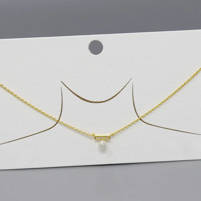 CZ Pave Bar With Pearl Pendant Gold Dipped Chain Necklace