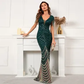 Deep V Neck Green Sequin Evening Dress Sexy Party Maxi Dress Women Beading Dress Long Prom Dress