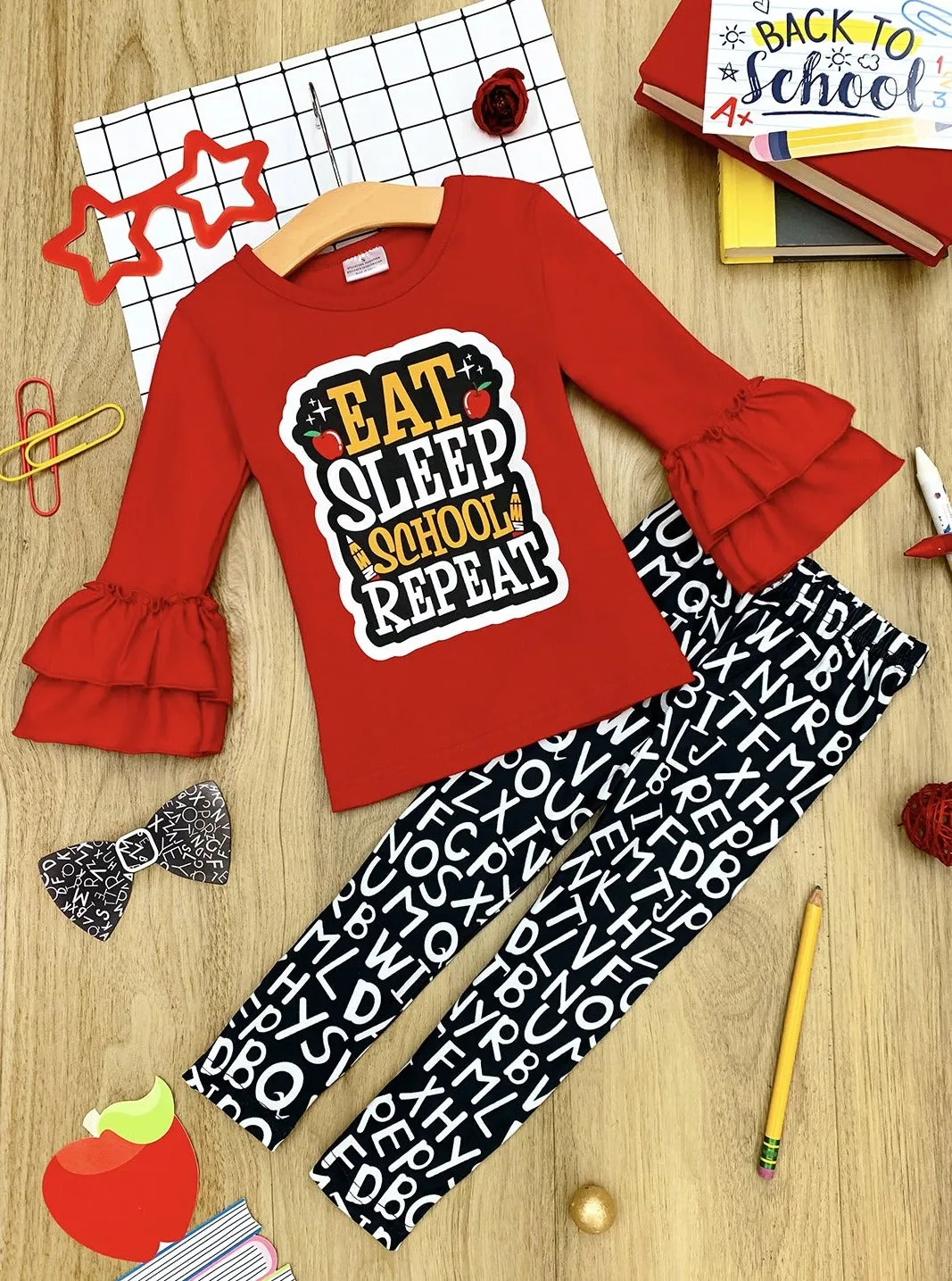 Eat, Sleep, School, Repeat Top And ABC Legging Set