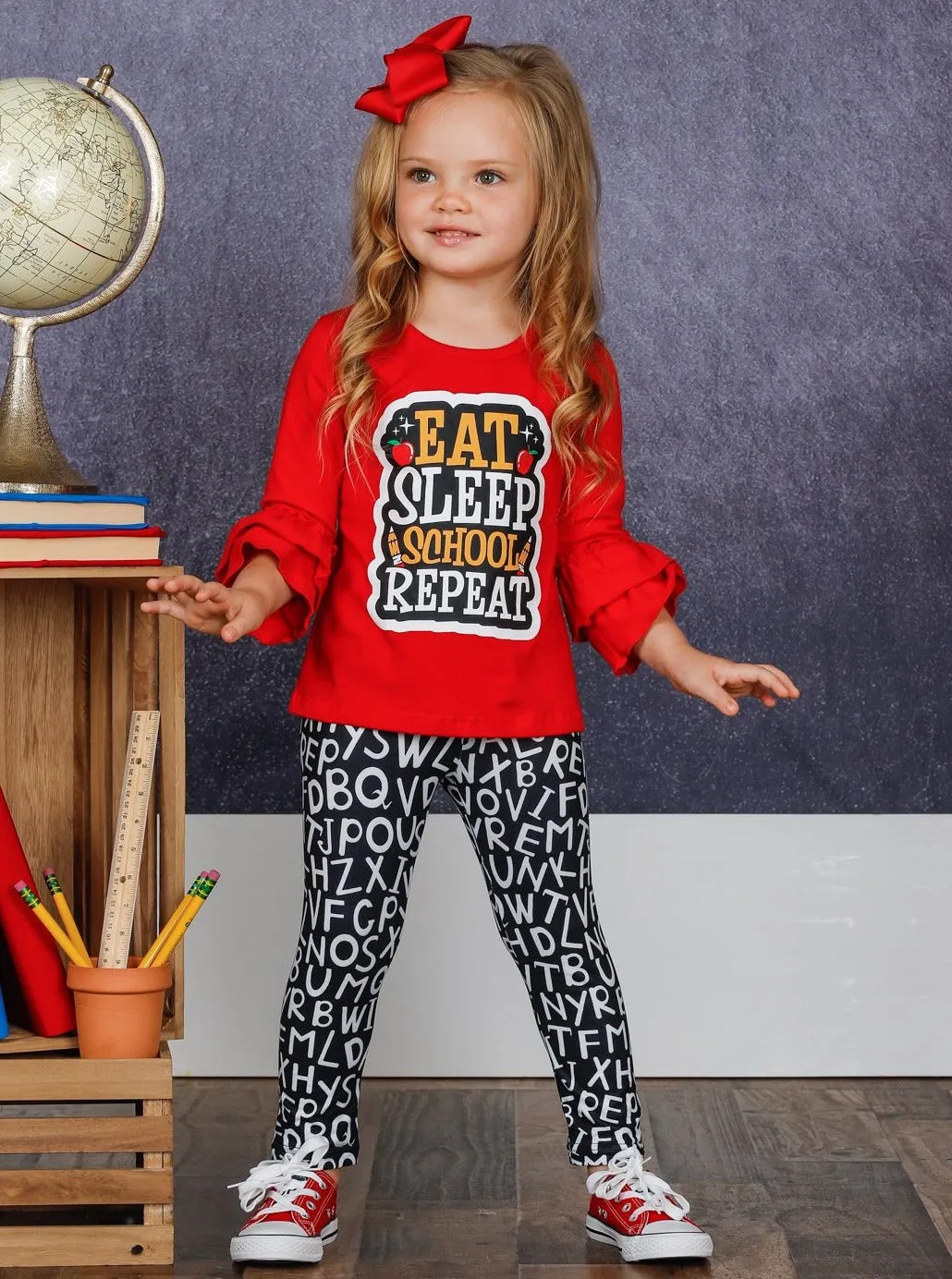 Eat, Sleep, School, Repeat Top And ABC Legging Set