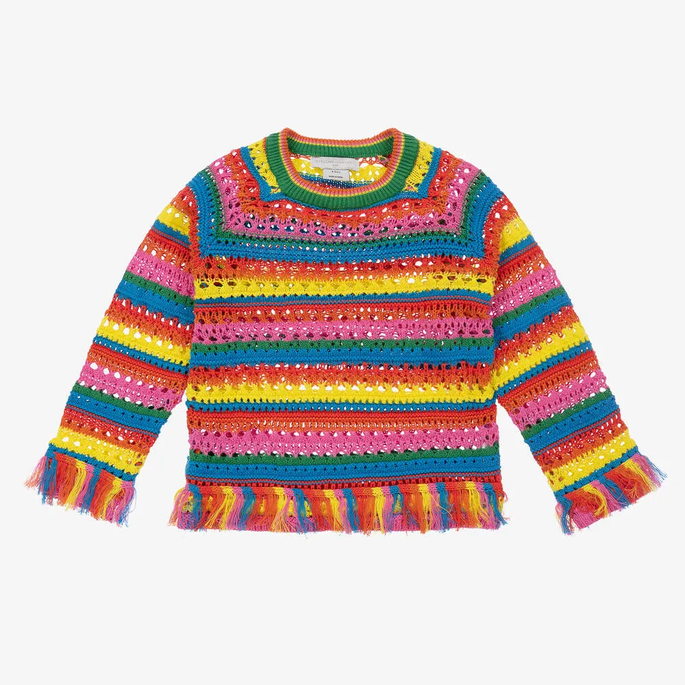 Girls Rainbow Stripe Crochet Sweater