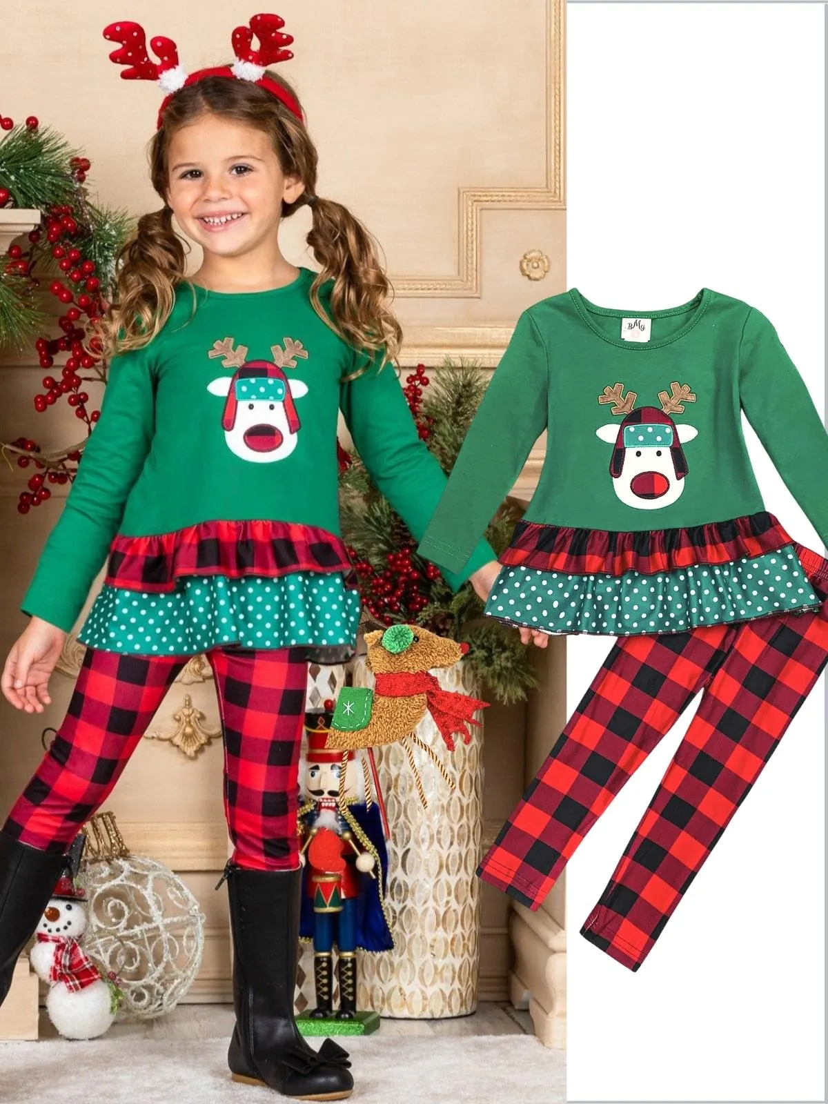 Girls Rudolph Ruffled Top And Plaid Legging Set