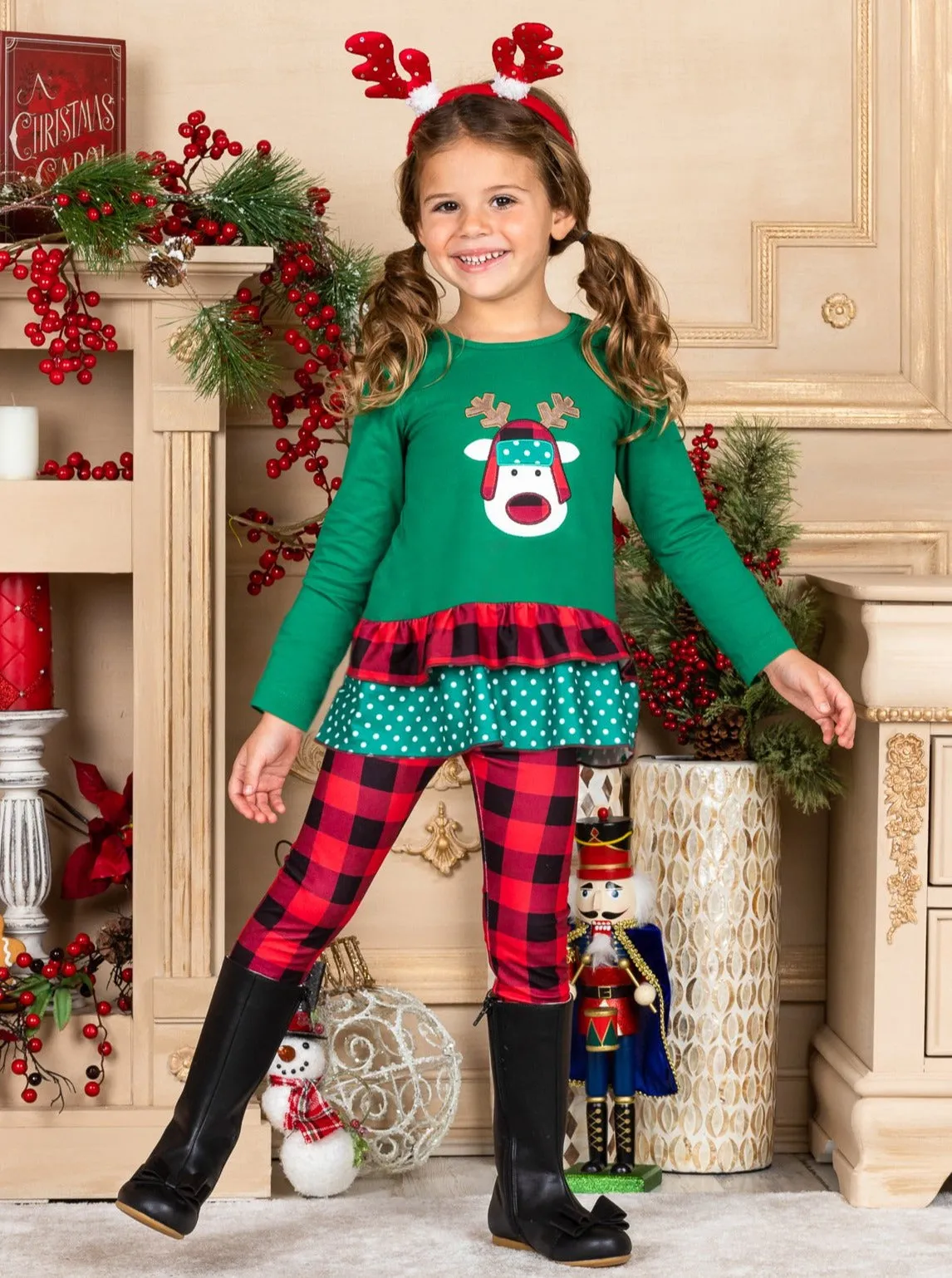 Girls Rudolph Ruffled Top And Plaid Legging Set