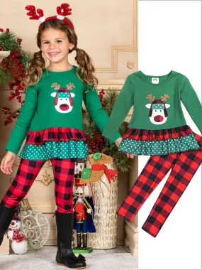 Girls Rudolph Ruffled Top And Plaid Legging Set