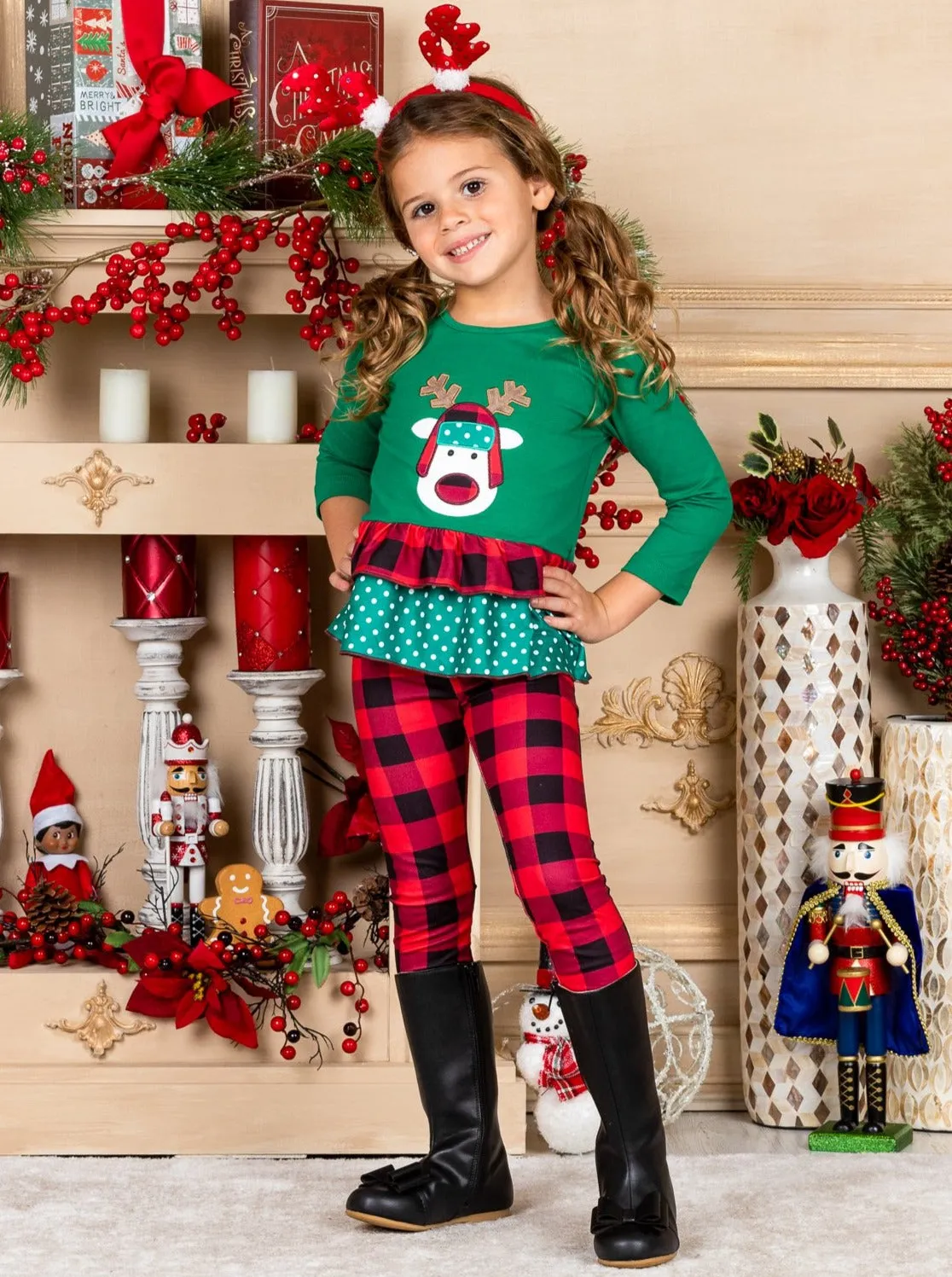 Girls Rudolph Ruffled Top And Plaid Legging Set