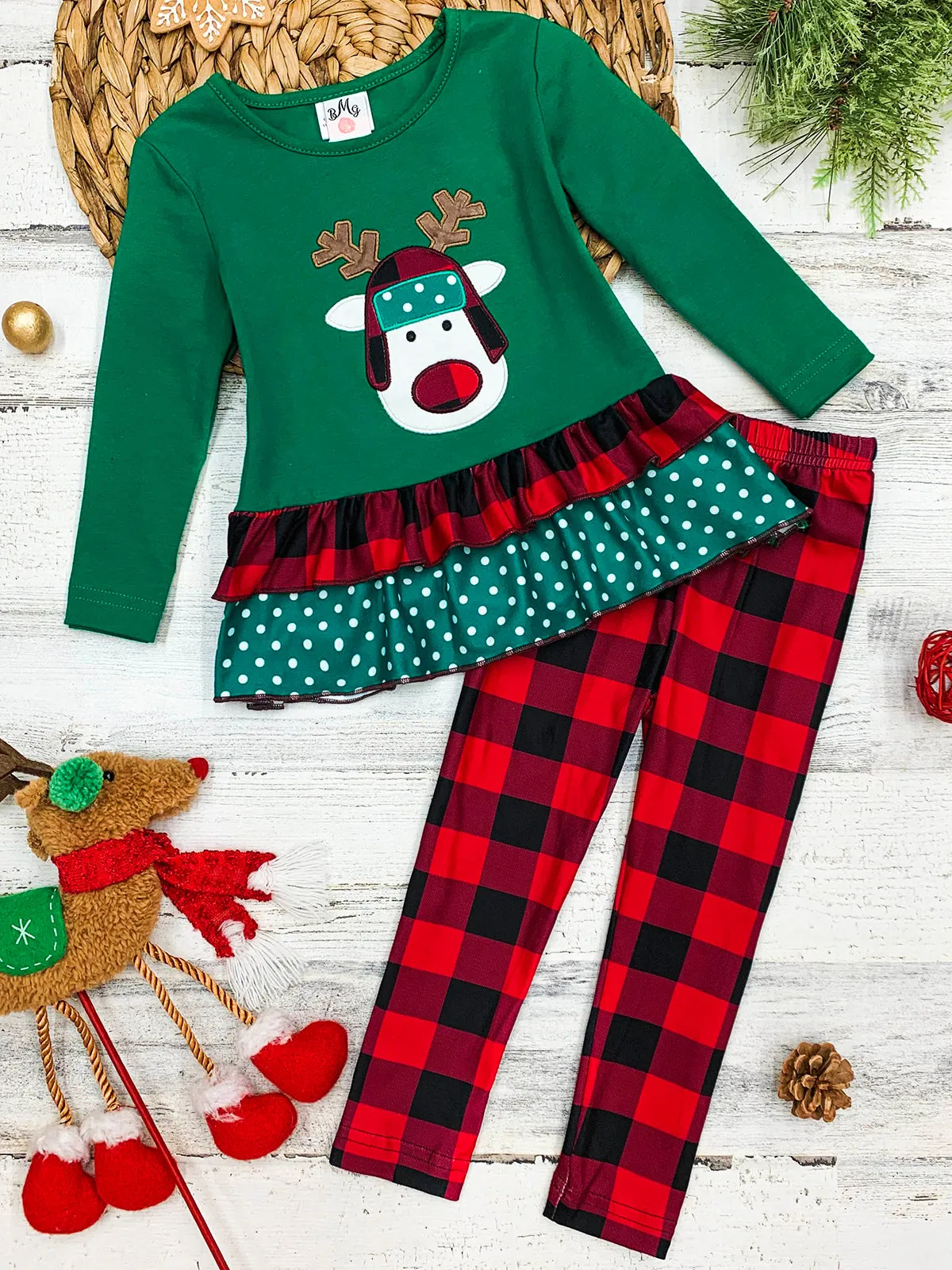 Girls Rudolph Ruffled Top And Plaid Legging Set