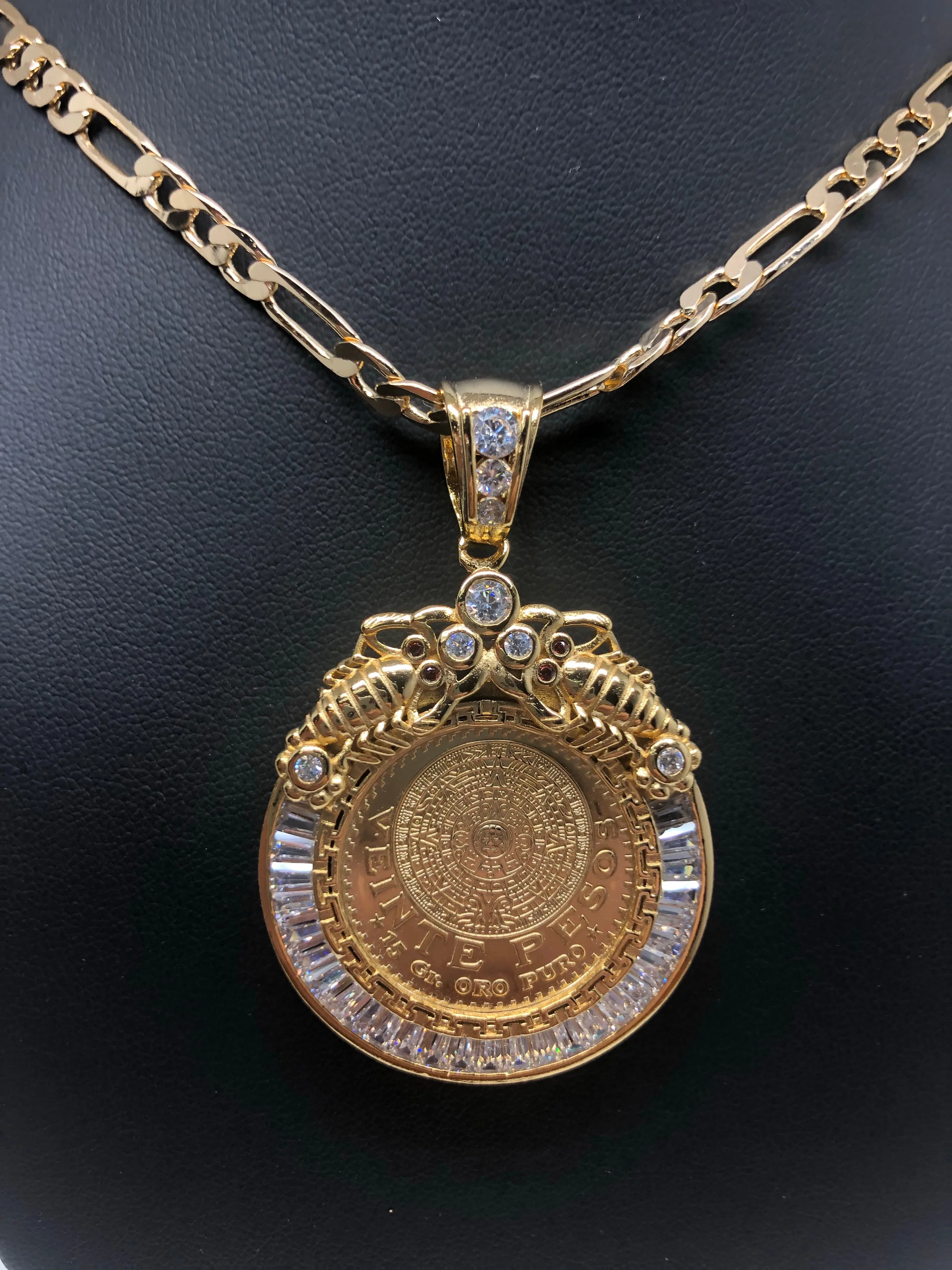 Gold Plated Mexican 20 Pesos Coin Aztec Calendar Scorpion CZ Oro Laminado Con Cadena Figaro 26 5mm