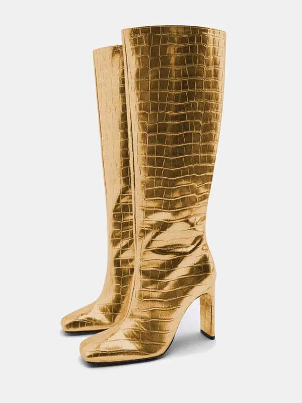 Gold Wide Calf Boots Women Square Toe Stiletto Heel Knee-High Boots