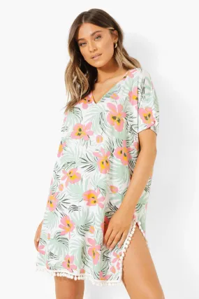 Hawaiian Print Pom Pom Side Slit Tshirt Dress