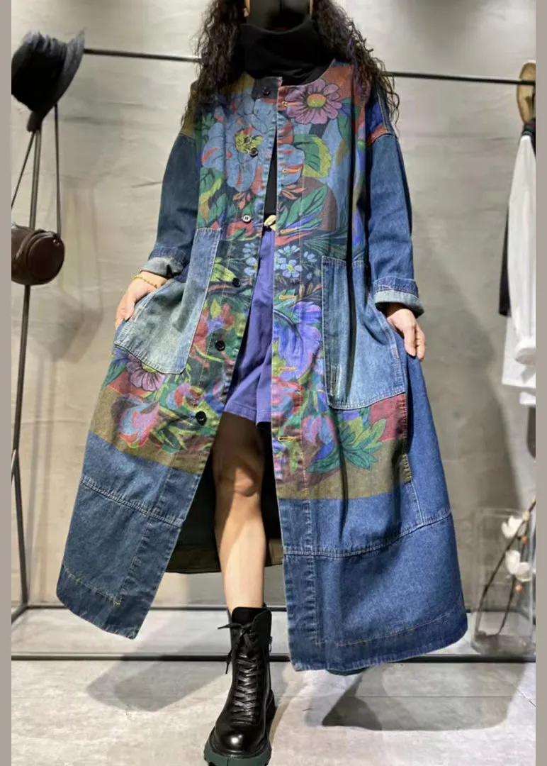 Loose Blue Print Pockets Denim Long Coat Long Sleeve