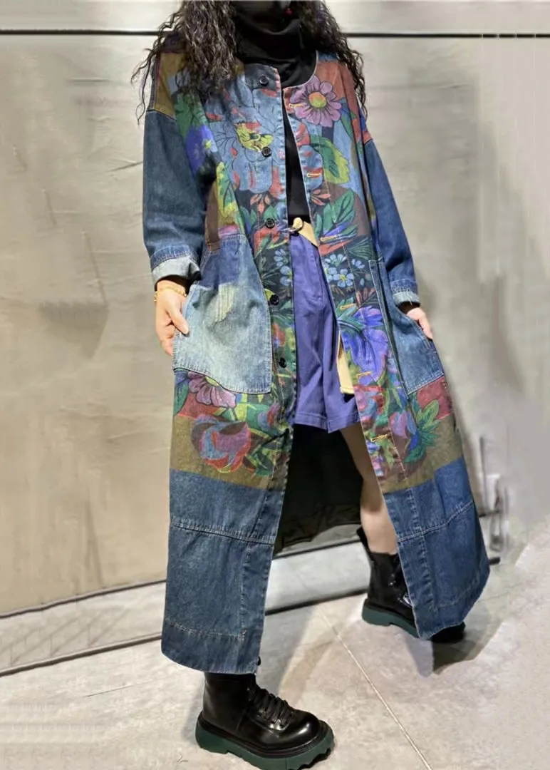 Loose Blue Print Pockets Denim Long Coat Long Sleeve