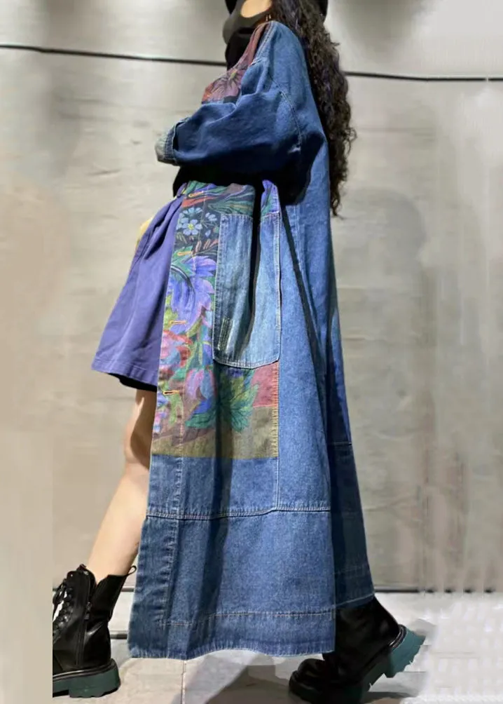 Loose Blue Print Pockets Denim Long Coat Long Sleeve