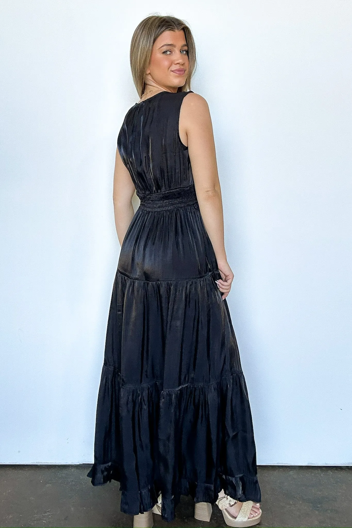 Refined Endeavor Satin V-Neck Tiered Dress