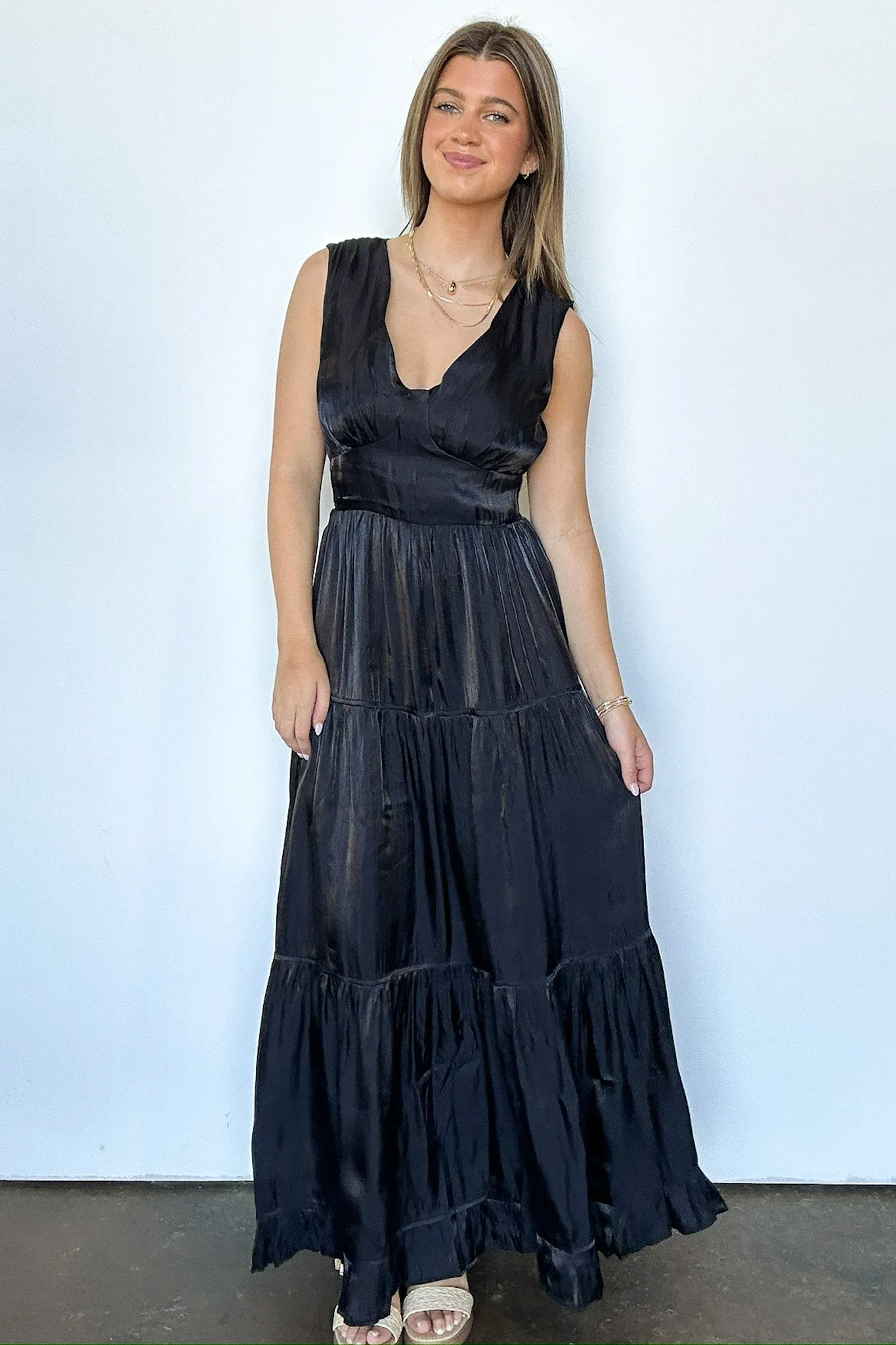 Refined Endeavor Satin V-Neck Tiered Dress