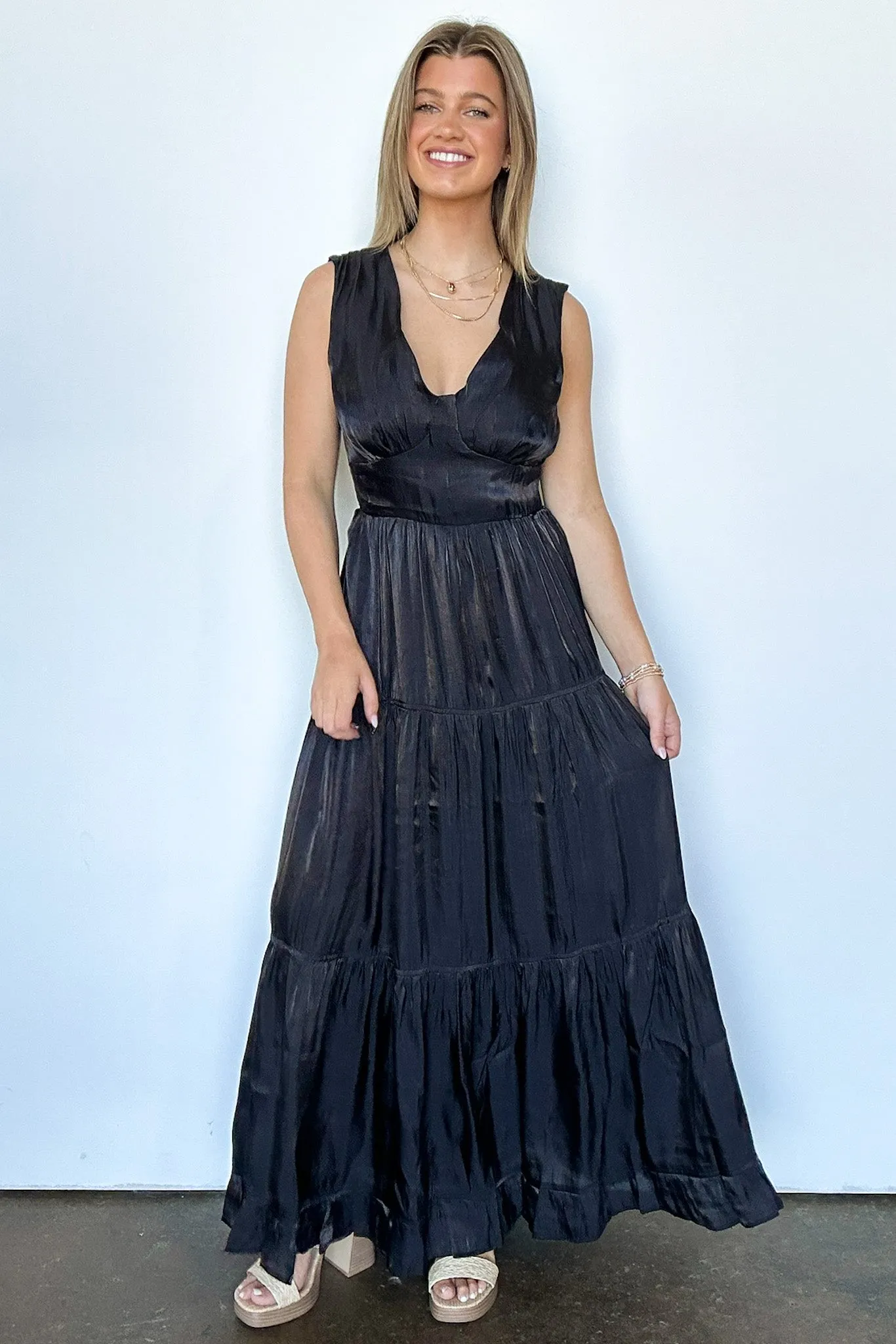 Refined Endeavor Satin V-Neck Tiered Dress