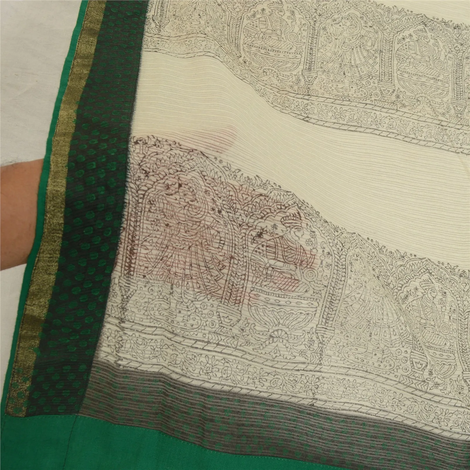 Sanskriti Vintage Ivory Long Dupatta Stole Cotton Block Printed Woven Scarves