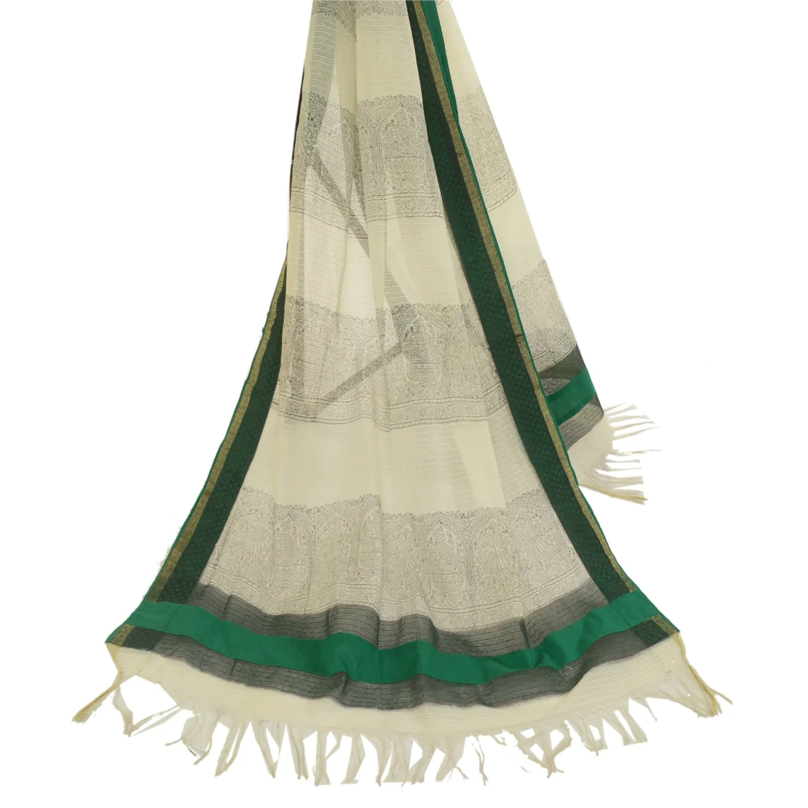 Sanskriti Vintage Ivory Long Dupatta Stole Cotton Block Printed Woven Scarves