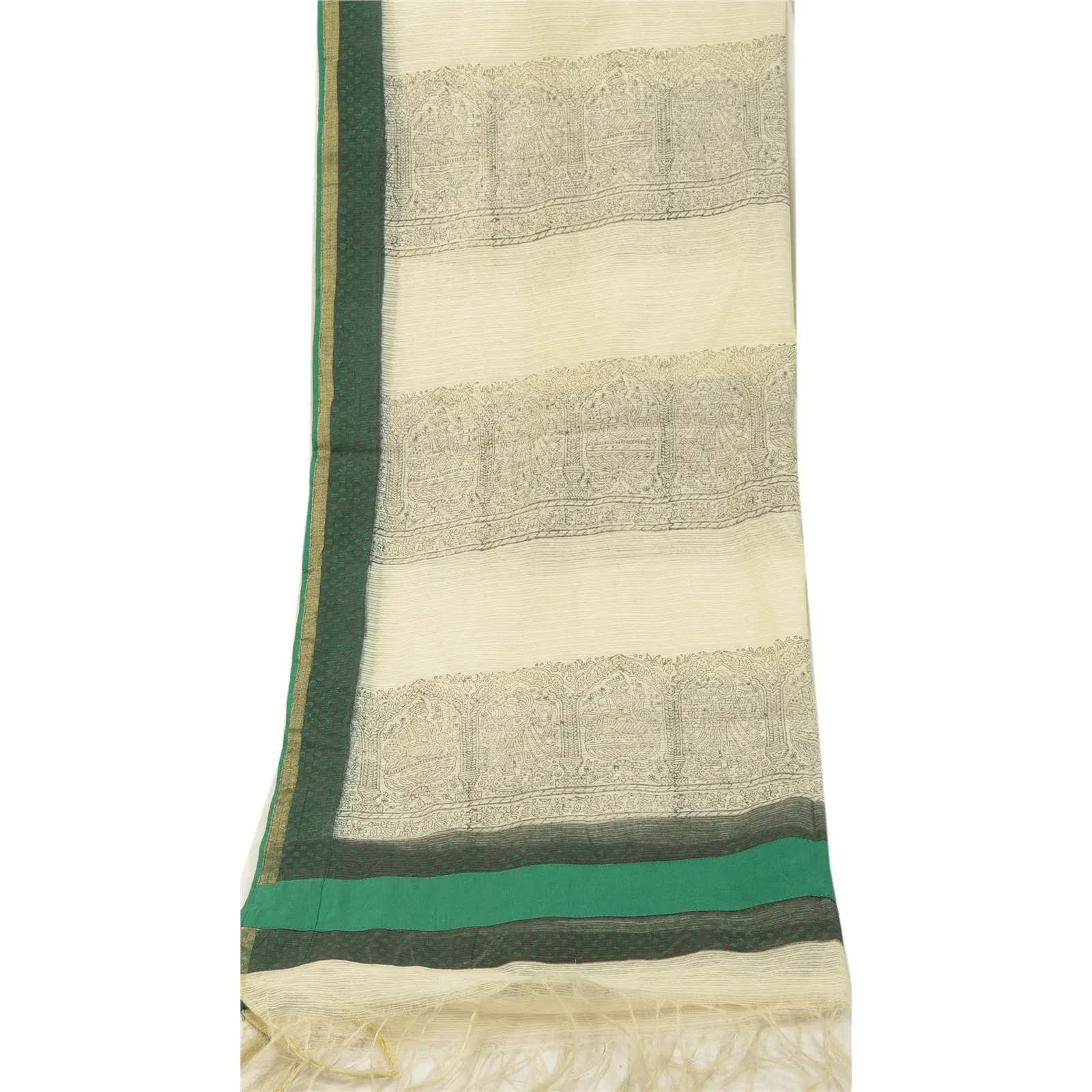 Sanskriti Vintage Ivory Long Dupatta Stole Cotton Block Printed Woven Scarves