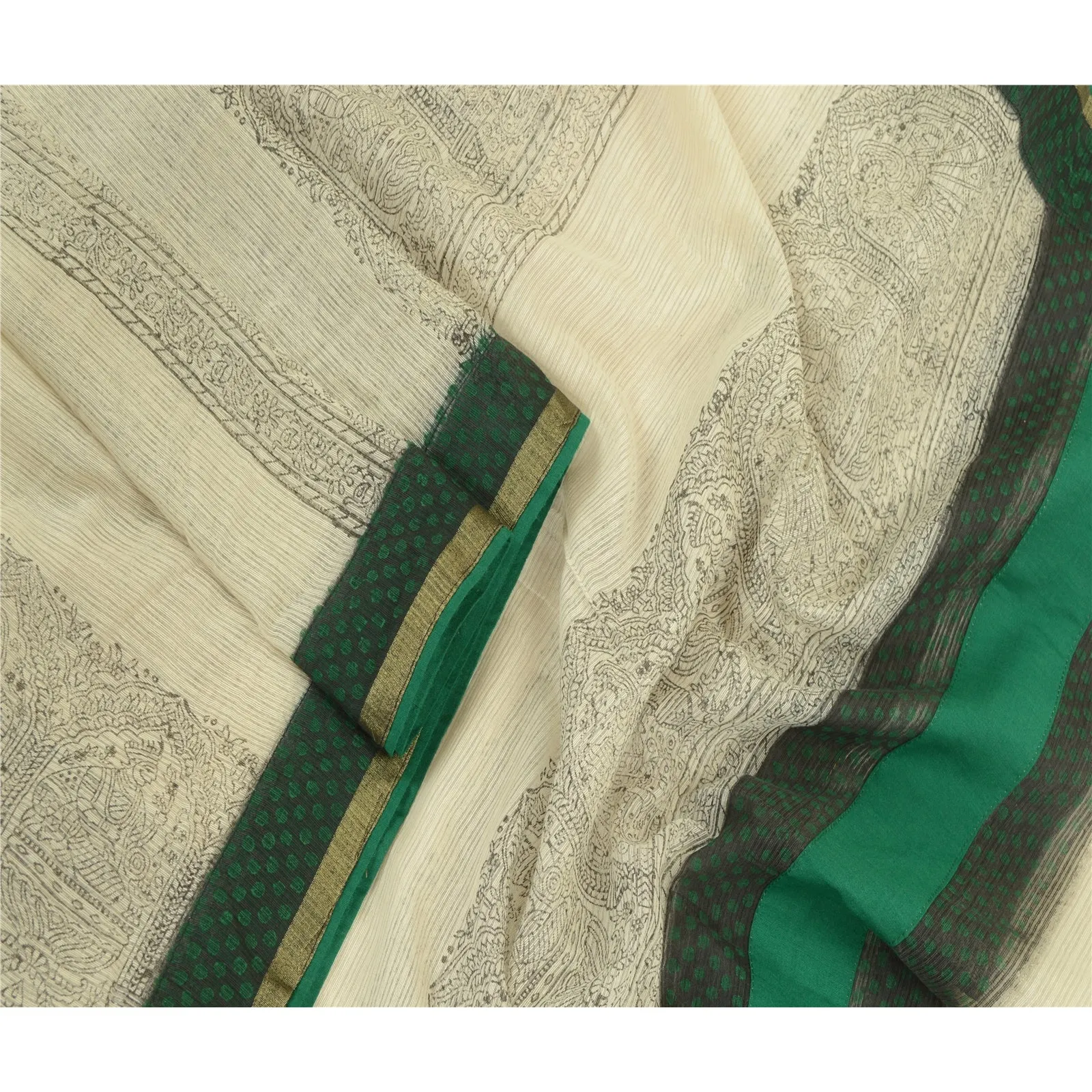 Sanskriti Vintage Ivory Long Dupatta Stole Cotton Block Printed Woven Scarves