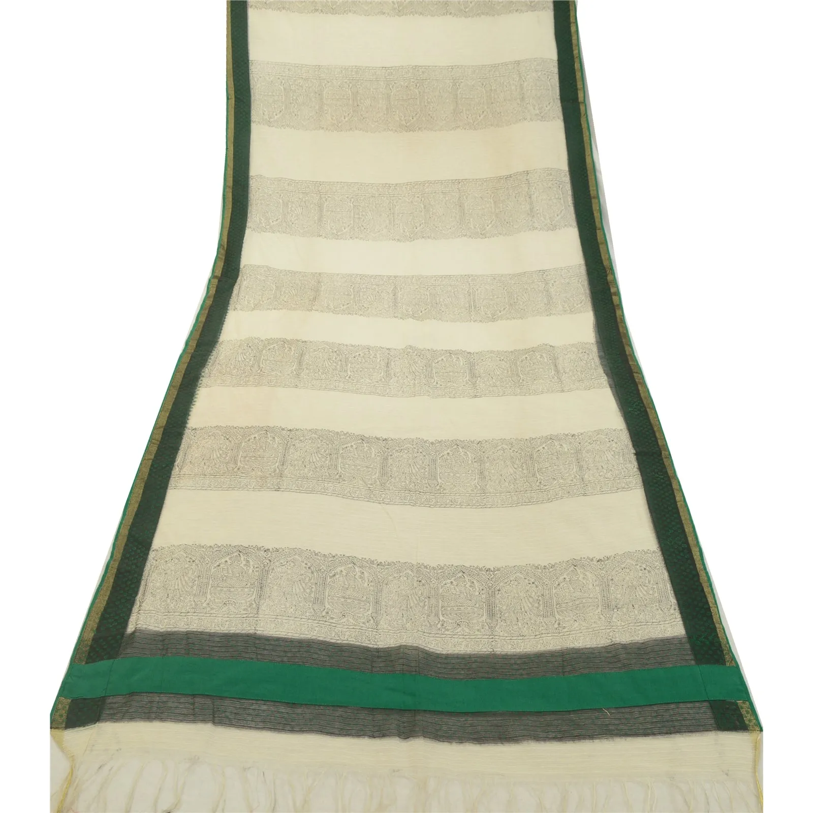 Sanskriti Vintage Ivory Long Dupatta Stole Cotton Block Printed Woven Scarves