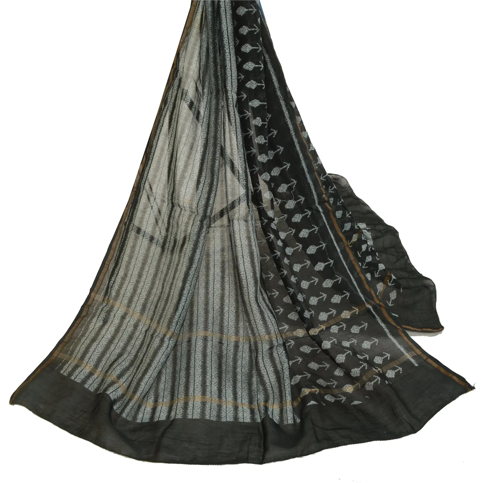 Sanskriti Vintage Long Black Dupatta/Stole Blend Silk Hijab Printed Wrap Scarves