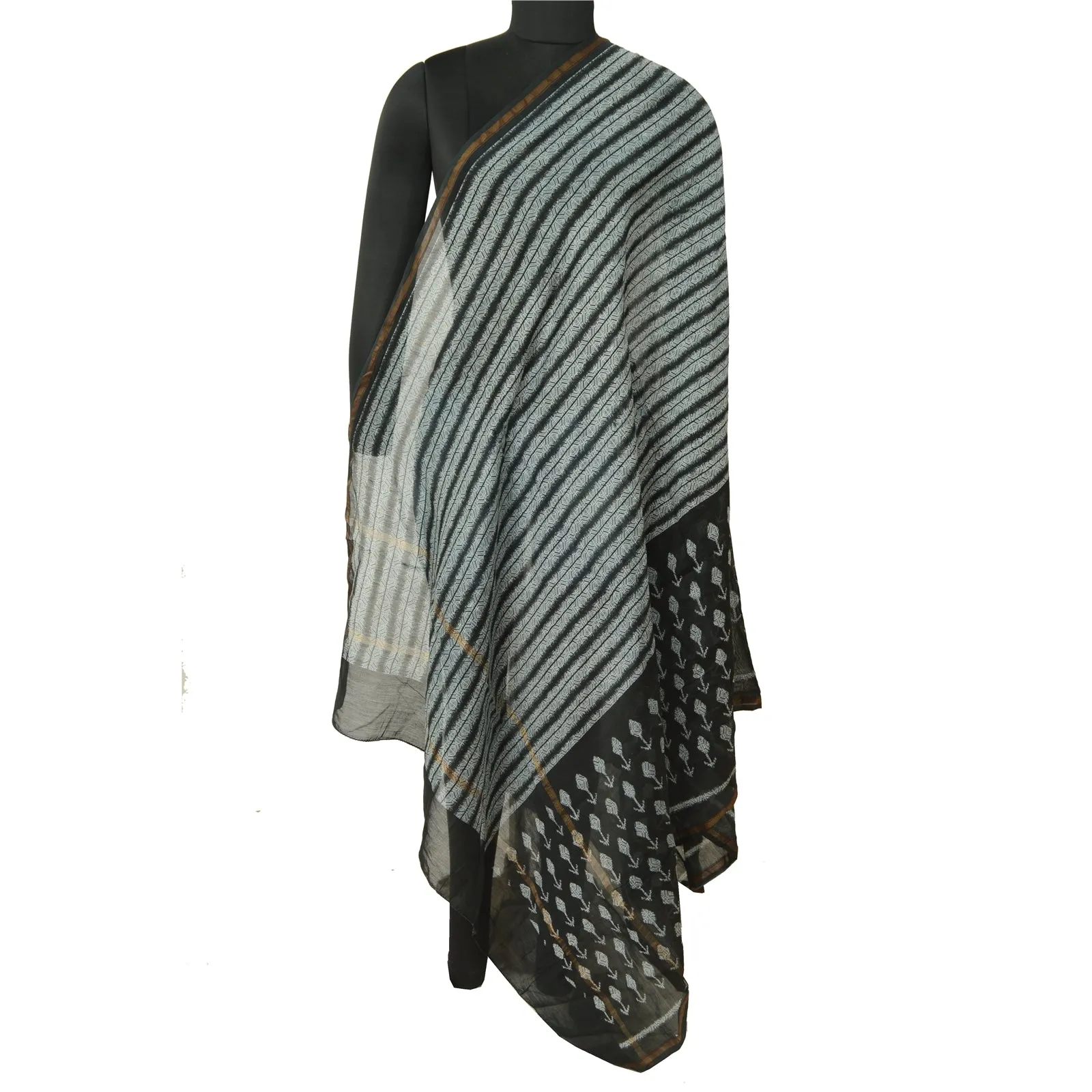 Sanskriti Vintage Long Black Dupatta/Stole Blend Silk Hijab Printed Wrap Scarves