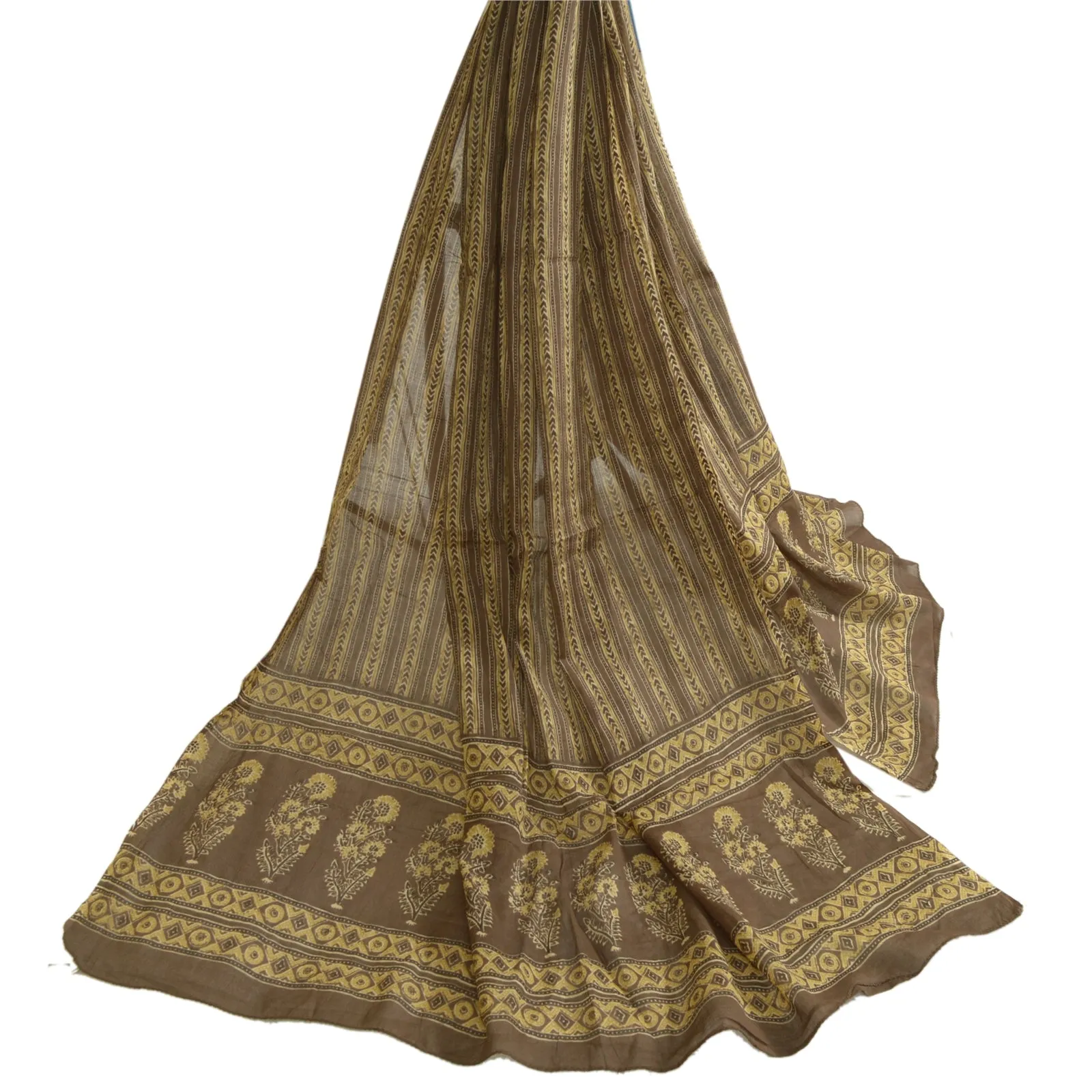 Sanskriti Vintage Long Dupatta Stole Blend Silk Brown Hijab Block Print Scarves