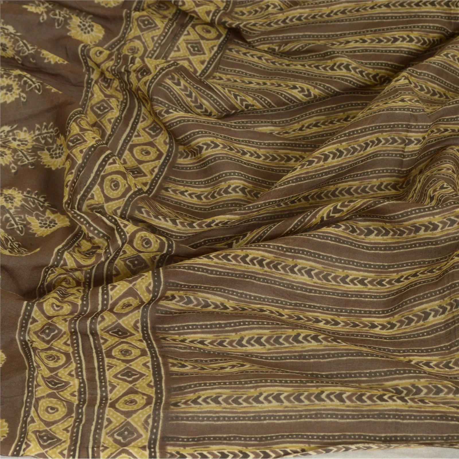 Sanskriti Vintage Long Dupatta Stole Blend Silk Brown Hijab Block Print Scarves