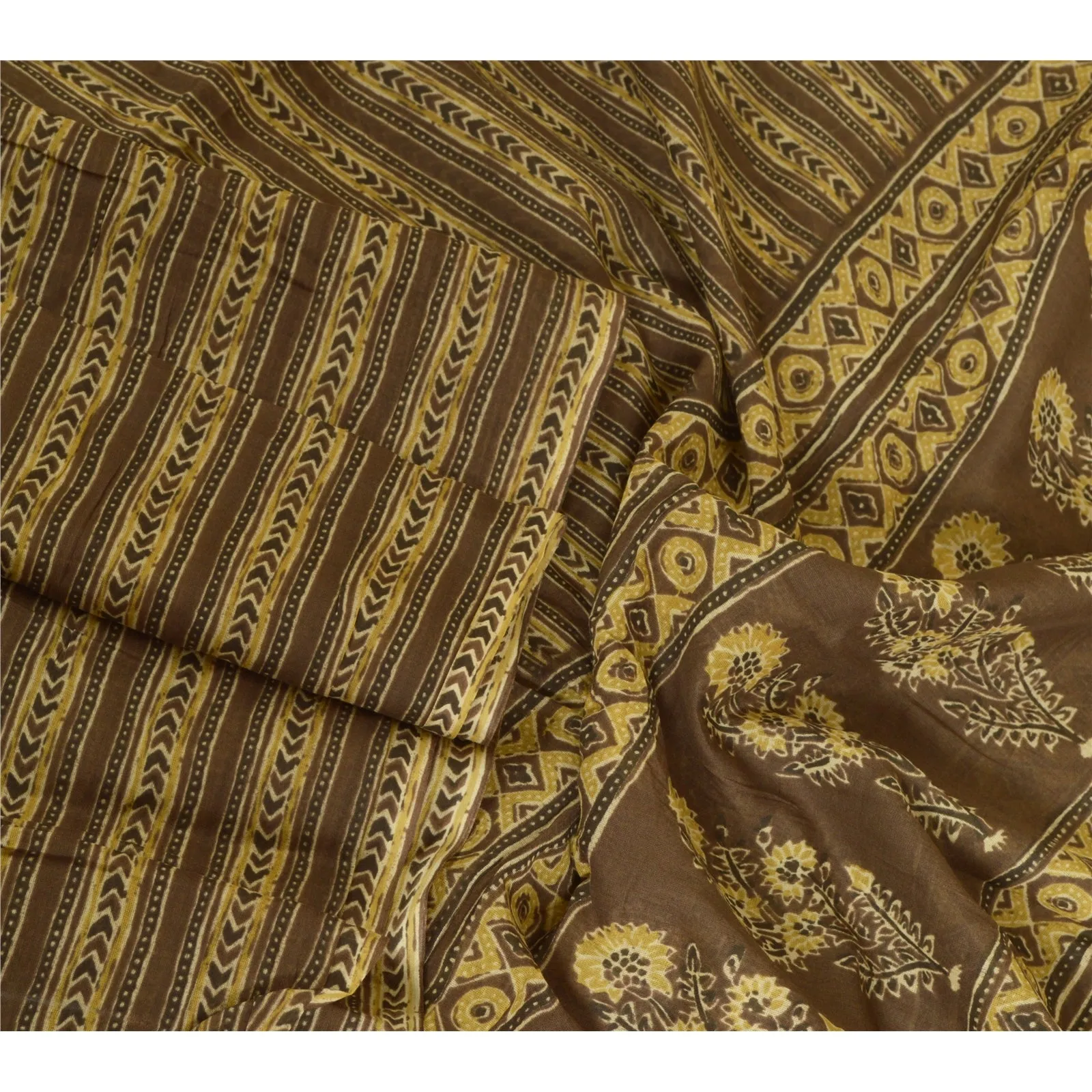 Sanskriti Vintage Long Dupatta Stole Blend Silk Brown Hijab Block Print Scarves