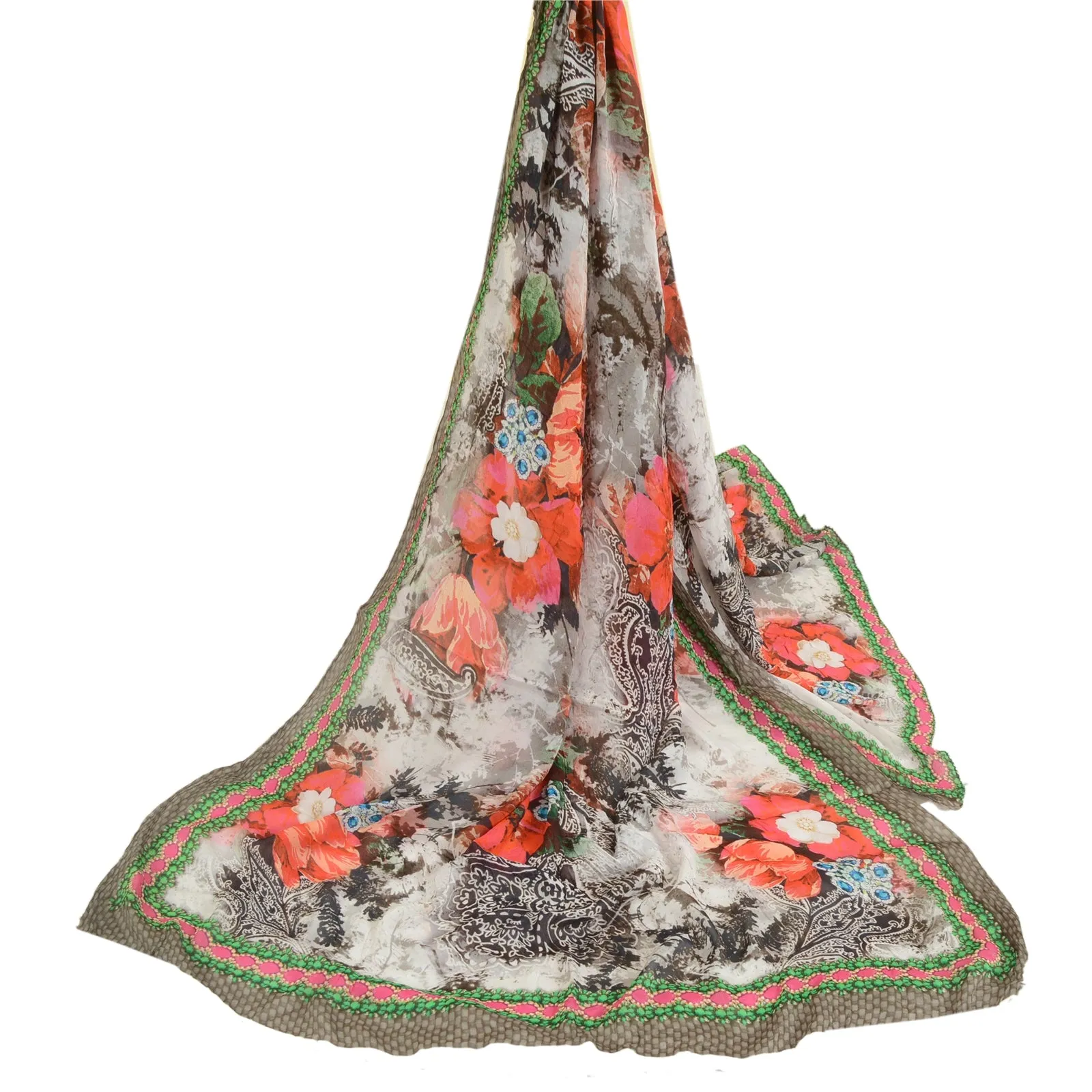 Sanskriti Vintage Long Dupatta Stole Blend Silk White Digital Printed Scarves